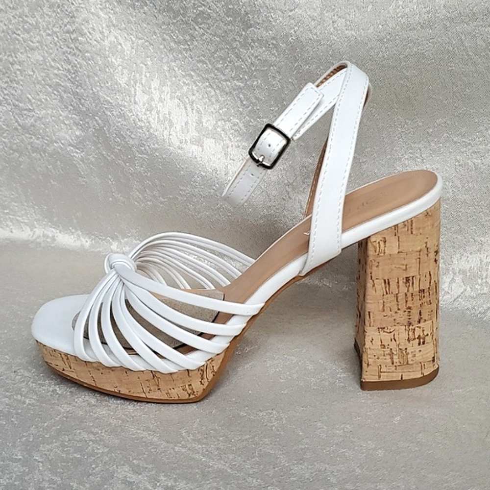 TOP MODA White Knotted Cushioned Platform Cork Block Heel Sandals WOMENS SIZE: 8